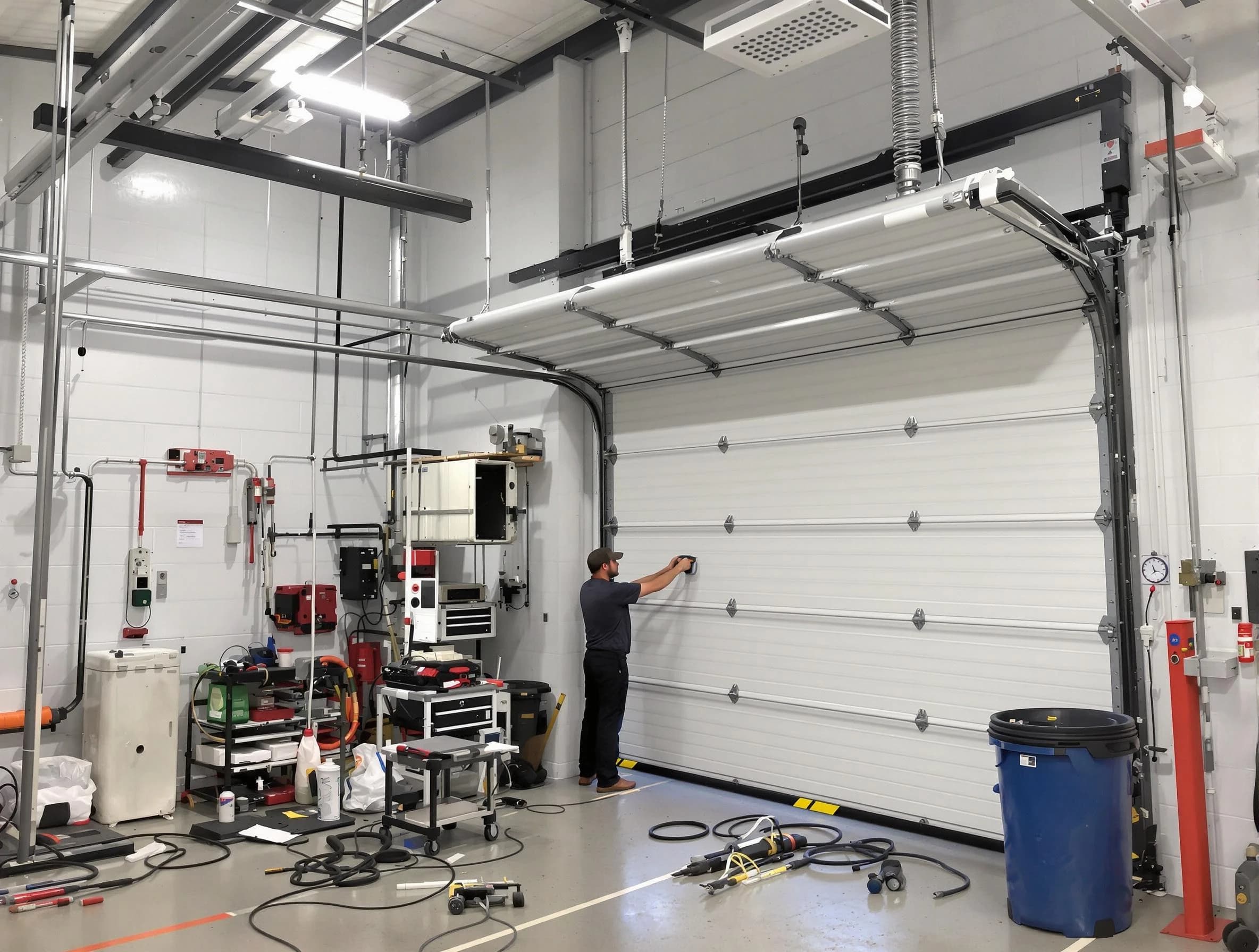 Columbiana Garage Door Repair certified technician performing commercial door repair at a Columbiana business facility