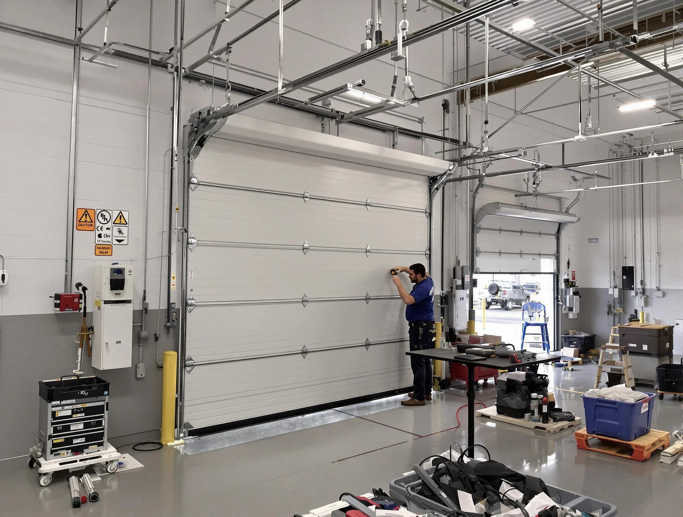 Commercial garage door repair being performed by Columbiana Garage Door Repair expert in Columbiana