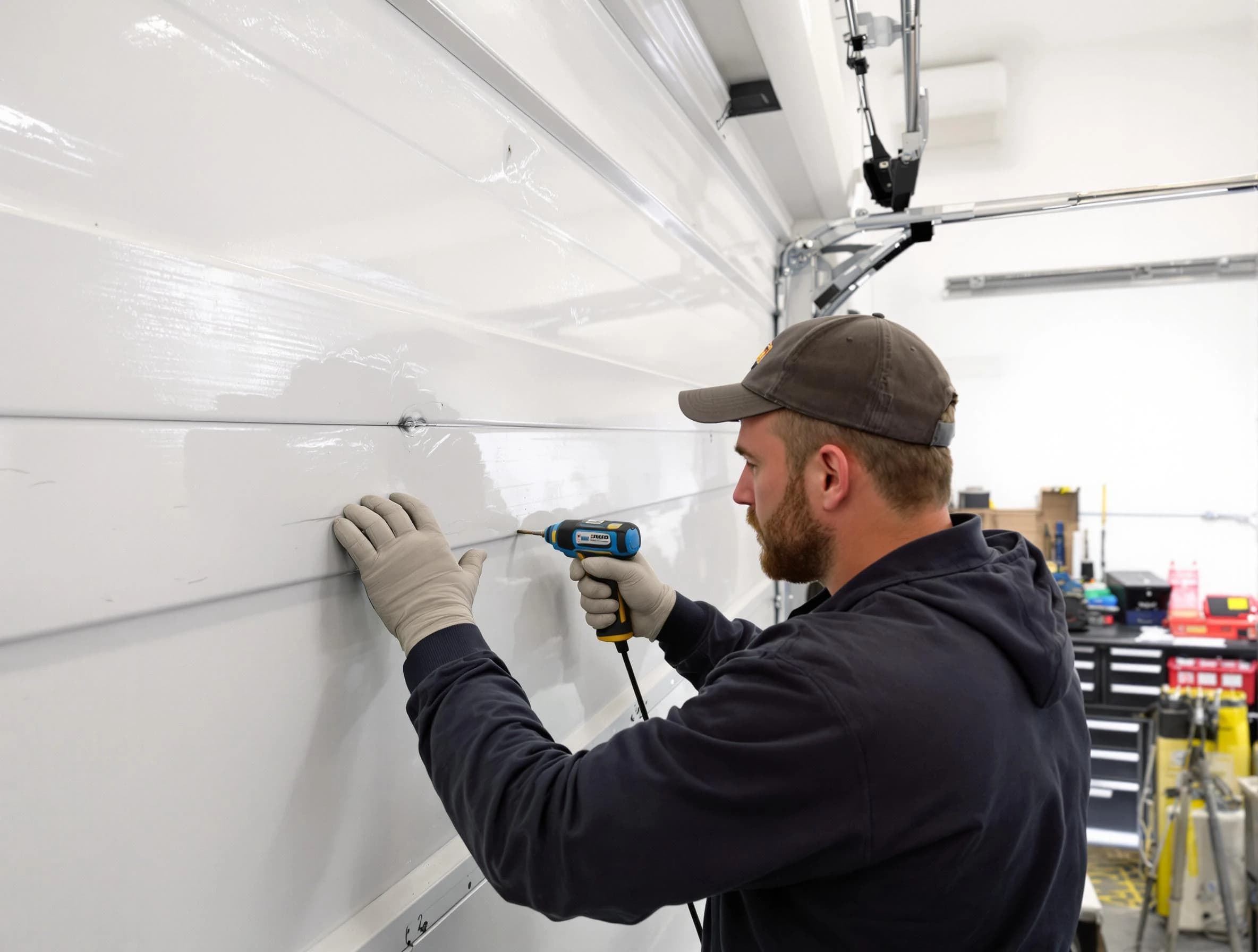 Columbiana Garage Door Repair technician demonstrating precision dent removal techniques on a Columbiana garage door